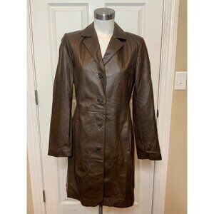 Danier Brown Leather Button-Up Midi Jacket, Size Small